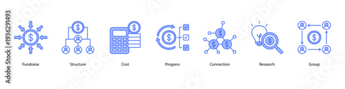 Corporate Progress web banner vector illustration featuring Fundraise, Structure, Cost, Progress, Connection, Research, and Group.