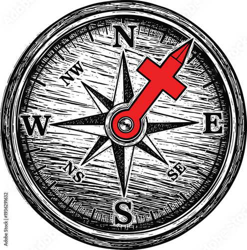 Old compass with red cross needle linocut vector illustration global humanitarian medical symbol art