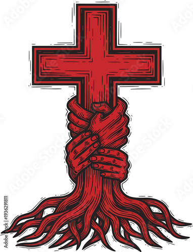 Red cross tree with carved roots forming helping hands linocut vector medical care art