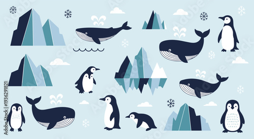 Charming Arctic Scene with Whales and Penguins Amidst Icy Mountains and Snowflakes