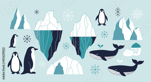 Charming Arctic Scene with Whales and Penguins Amidst Icebergs and Snowflakes