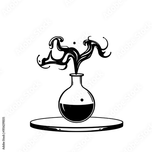Black silhouette of an alchemical beaker with swirling smoke, detailed occult science icon, isolated on white background for mystical branding.
