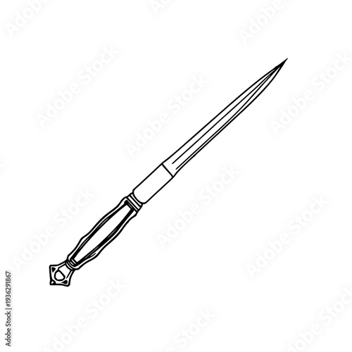 Black silhouette of a tapered letter opener with ornate handle on a white background, ideal for office decor, editorial design, and business branding