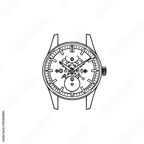 Geometric line art of an open skeleton watch face, horology luxury theme, clean black lines, isolated on white background