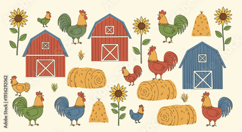 Charming farm scene with roosters barns hay bales and sunflowers in a delightful rustic illustration style