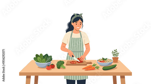 Young woman with apron happily chopping vegetables and preparing a healthy meal at a kitchen table with fresh produce