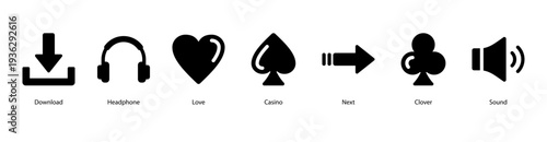 Online Interaction web banner vector illustration featuring Download, Headphone, Love, Casino, Next, Clover, and Sound for modern lifestyle and entertainment.