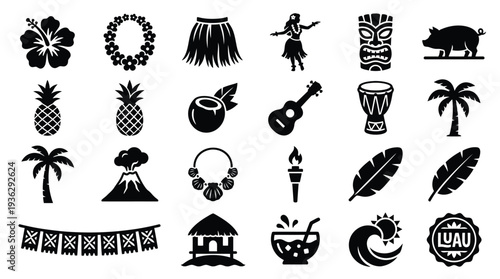 A collection of black and white vector icons representing various elements of Hawaiian culture and tropical themes, including flora, fauna, traditional items, and activities.