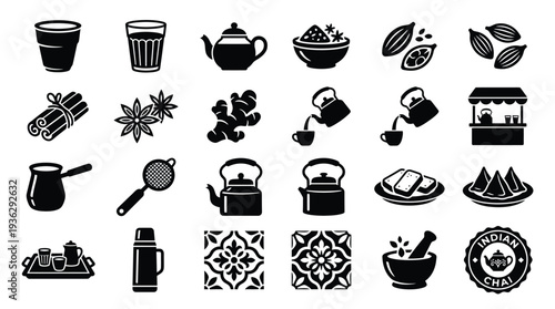 Collection of black and white icons representing various elements associated with tea, including cups, teapots, spices, and serving accessories.
