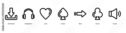 Online Interaction web banner vector illustration featuring Download, Headphone, Love, Casino, Next, Clover, and Sound for modern lifestyle and entertainment.