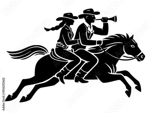 A high-contrast black vector silhouette of a cowboy and cowgirl riding a galloping horse. The male rider is playing a bugle or trumpet, capturing themes of the American Old West