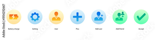 User Management web banner vector illustration featuring Battery Charge, Setting, User, Plus, Add User, Add Friend, and Accept for profiles and connections.