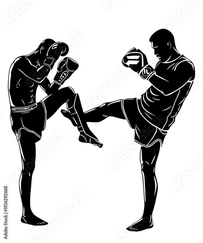 A black vector illustration of two Muay Thai or MMA fighters in a dynamic sparring match. The graphic captures an intense exchange of a kick and a defensive block, showcasing martial arts technique.
