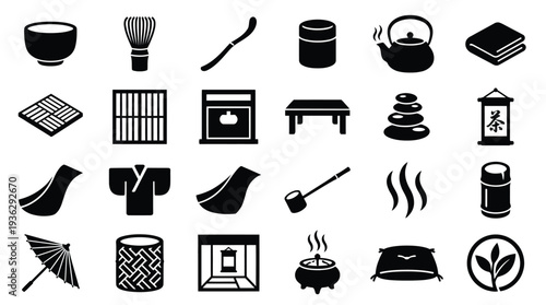 A collection of black and white icons representing various elements associated with Japanese tea ceremonies and traditional Japanese culture.