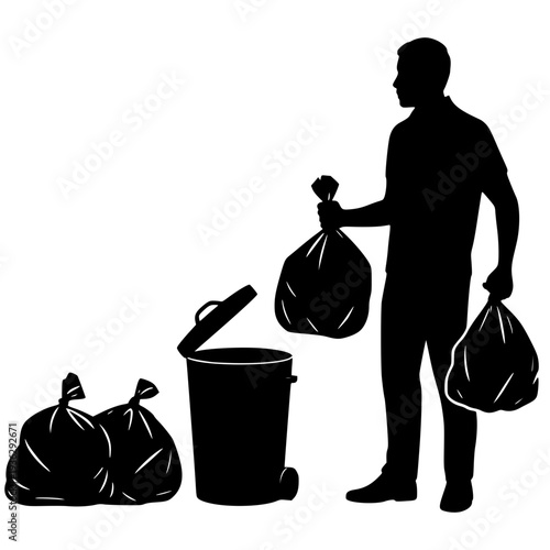 A high-contrast black silhouette graphic featuring a person carrying trash bags to a waste bin. This clean vector illustration represents domestic chores, waste management, recycling