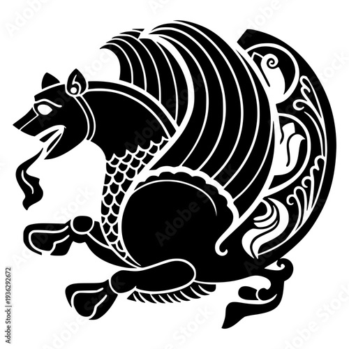 A high-contrast black vector graphic of the Simurgh, the legendary benevolent bird of Persian mythology. This intricate design features a circular, ornate style with floral patterns.