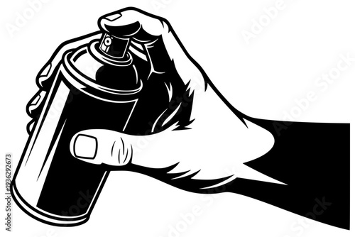 A high-contrast black vector illustration of a hand holding and activating a spray paint can. This dynamic graphic features bold shadows and clean lines, perfect for street art, graffiti, DIY.