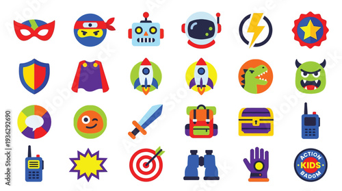 A vibrant collection of 24 cartoon-style icons representing various themes like superheroes, space, adventure, and gaming, perfect for digital design.