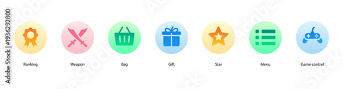 Game and Rewards web banner vector illustration featuring Ranking, Weapon, Bag, Gift, Star, Menu, and Game Control for online gaming and achievements.
