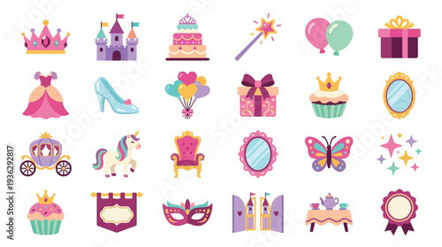 A collection of charming princess-themed icons, featuring crowns, castles, dresses, unicorns, and magical elements, perfect for party invitations and decorations.