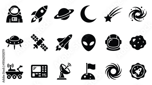 Collection of Space-Themed Icons Featuring Astronauts, Rockets, Planets, and Celestial Bodies.