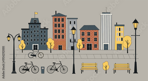 charming urban street scene with bicycles benches trees and diverse buildings under a neutral sky