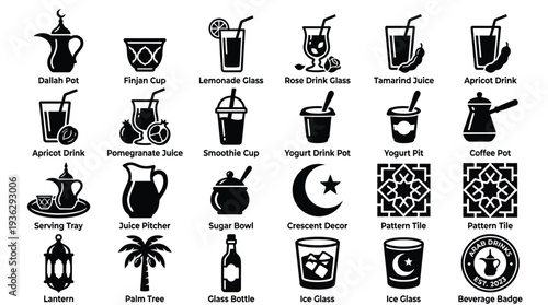 Collection of Islamic and Middle Eastern beverage containers, decorative elements, and cultural symbols, presented as black and white icons.