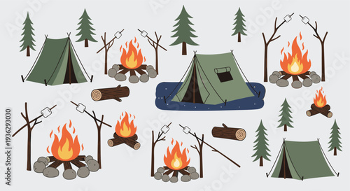 Illustration of camping scene with tents bonfires and marshmallows roasting in a forest setting