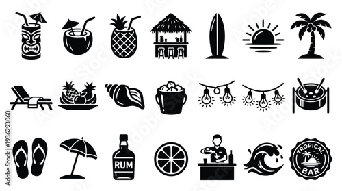 Collection of black and white tropical beach and vacation icons, including drinks, surfboards, and beach chairs.