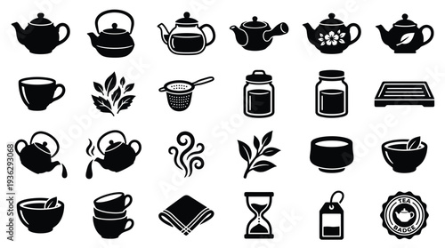 Collection of black and white icons representing tea-related items, including teapots, cups, tea leaves, and accessories.