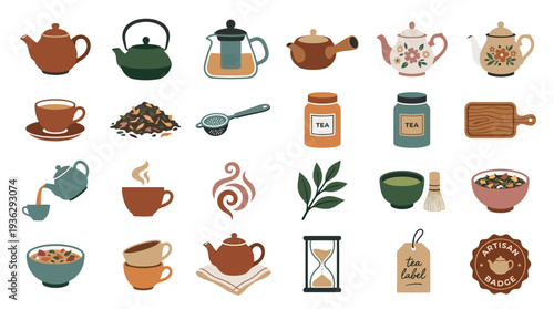 A collection of charming illustrations depicting various tea-related items, including teapots, cups, tea leaves, and accessories, presented in a warm, earthy color palette.