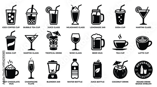 A collection of 28 diverse beverage icons, showcasing various drink types in different glassware and containers, presented in a clean, black and white graphic style.
