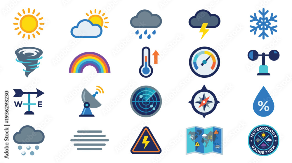Fototapeta premium A comprehensive collection of weather-related icons, illustrating various meteorological phenomena and forecasting tools.