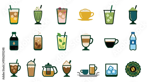 A collection of various iced coffee drinks, hot beverages, and bottled water, presented in a grid layout.