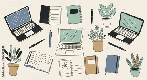 Aesthetic flat lay of office supplies and plants on a light beige background with a minimalist hand drawn style