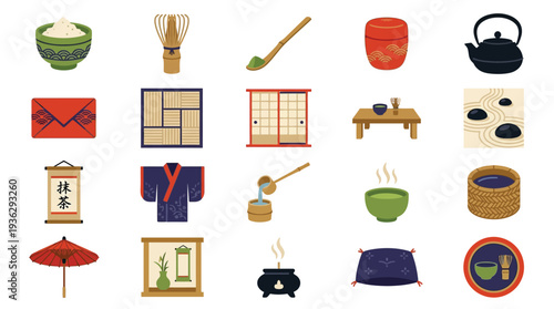 A collection of traditional Japanese tea ceremony items, including a teapot, whisk, bowl, and other cultural artifacts, presented in a grid layout.