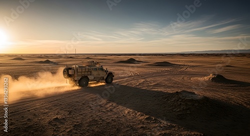 Rally Car Racing on Desert Terrain at Sunset.