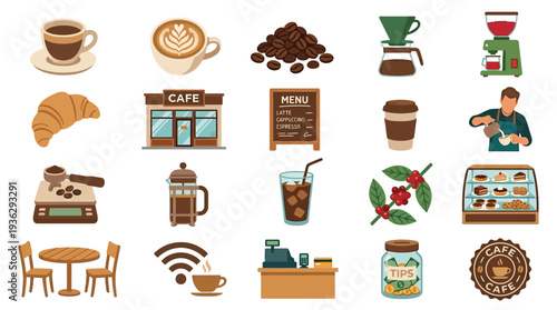 A vibrant collection of coffee shop elements, including drinks, food, equipment, and ambiance, presented in a flat design style.