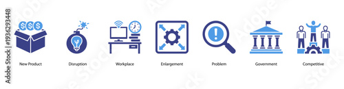 Business Development web banner vector illustration featuring New Product, Disruption, Workplace, Enlargement, Problem, Government, and Competitive.