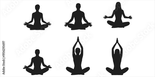 Black Silhouettes Of People Meditating In Yoga Poses On White Background meditation person