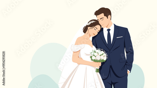 Romantic bride and groom share a quiet moment of love while leaning on each other on their special wedding day.