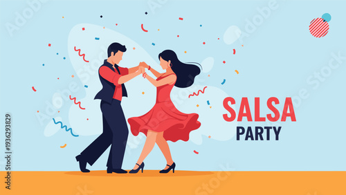 Elegant couple performs a passionate dance move at a colorful salsa party filled with vibrant festive confetti.
