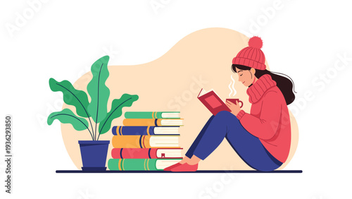 Cozy autumn scene features a woman reading a book and enjoying a hot drink next to a large stack of books.