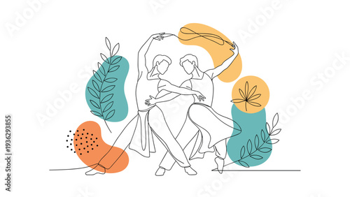 Graceful line art illustration depicts the fluid motion and partnership of two professional ballet dancers performing.