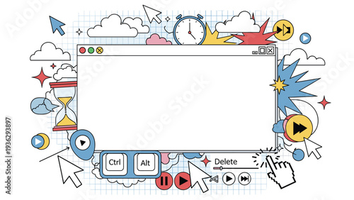 Retro computer interface design features a blank central window surrounded by nostalgic icons such as an hourglass and various cursors.