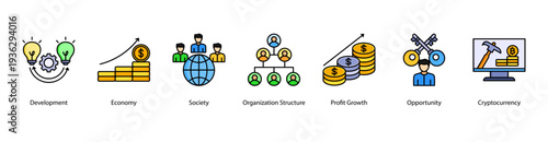 Economic Opportunity web banner  vector illustration featuring Development, Economy, Society, Organization Structure, Profit Growth, Opportunity, and Cryptocurrency.