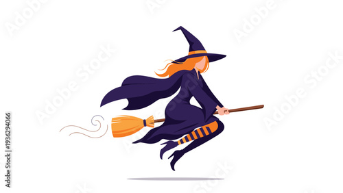 Wicked witch character with orange hair flying through the air on a magical wooden broomstick against a plain white background.