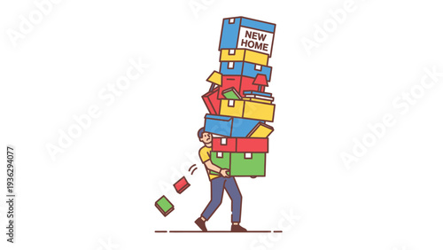 Overwhelmed person carrying huge stack of moving boxes for a new home. Stressful relocation and moving day concept.