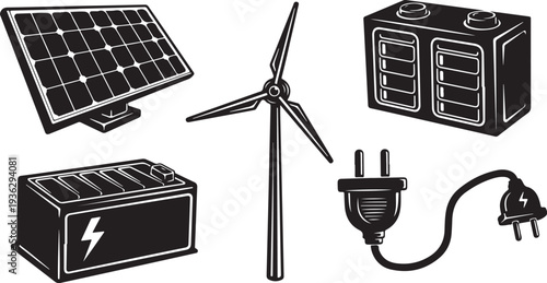 Renewable Energy Sources and Power Generation Illustration Set