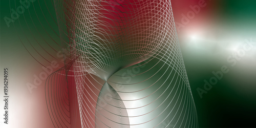 Abstract red, green and white luminous ribbons swirling across a deep dark background with sparkling micro particles, futuristic digital tech atmosphere, vector illustration